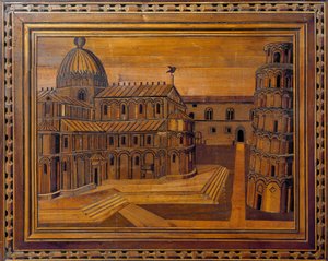 Uitzicht op de kathedraal van Pisa (Duomo di Santa Maria Assunta di Pisa) en de scheve toren (Torre pendente) op het Mirakelplein (Piazza dei Miracoli) door Italian School