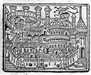 Zicht op de stad Aosta in Italië. Gravure in 