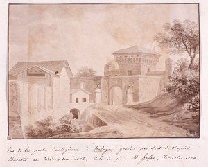 Uitzicht op de poort van Castiglione in Bologna, gegraveerd door S.A.I. naar Busatti, december 1814