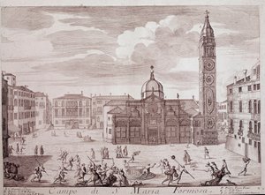 Uitzicht op het plein van de kerk van Santa Maria Formosa in Venetië (Gravure uit 