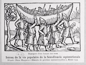 Vikingen dragen een boot naar Rusland, illustratie uit Historia de Gentibus Septentrionalibus door Olaus Magnus (1490-1558), gepubliceerd in Rome, 1555 door Italian School