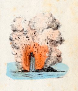 Vulkaan van de Eolische Eilanden uitbarstend, met een hoge uitbarsting van lava vergezeld door een grote hoeveelheid gas en as, Lithografie Corbetta, Milaan door Italian School