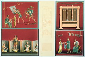 Wassen en drogen van wasgoed, kopie van een Pompeiaanse fresco