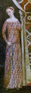 Vrouw tekent een kleed met een geometrisch patroon, begin 15e eeuw (fresco) door Italian School