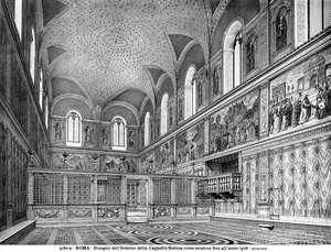 Tekening die het interieur van de Sixtijnse Kapel voor de renovatie in 1508 toont