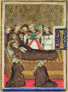 Geïllustreerde initiaal B die een Franciscaanse heilige op zijn sterfbed toont door Italian School Italian School