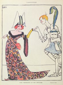 Mistinguett (1875-1956) en haar Ridder, karikatuur uit 