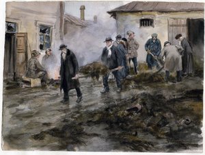Bourgeoisie die een stal schoonmaakt (uit de serie aquarellen Russische revolutie)