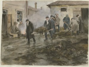 Bourgeoisie die de stallen schoonmaakt uit de serie aquarellen Russische revolutie, 1920