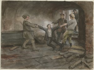 Man wordt vastgehouden en geëxecuteerd uit de serie aquarellen Russische revolutie, 1919