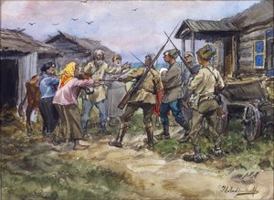 Vordering van vee voor het Rode Leger in een dorp nabij Luga door Ivan Alexeyevich Vladimirov