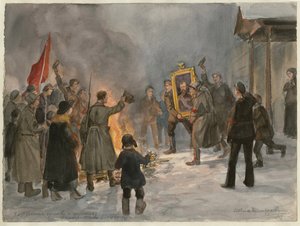 Soldaten die schilderijen verbranden (uit de serie aquarellen Russische revolutie)