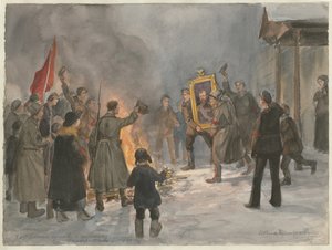 Soldaten verbranden schilderijen uit de serie aquarellen Russische revolutie