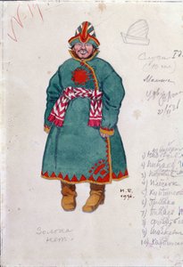 Kostuumontwerp voor de opera Het verhaal van tsaar Saltan van N. Rimski-Korsakov door Ivan Yakovlevich Bilibin
