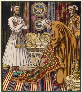 Prins Ali koopt een vliegend tapijt. Illustratie voor een Arabisch sprookje. Schilderij van Ivan Yakolevich Bilibin (1876-1942). Aquarel op papier. Sint-Petersburg, Staats Russisch Museum. door Ivan Yakovlevich Bilibin