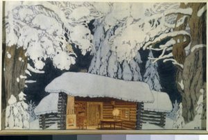 Houten huis in het besneeuwde bos door Ivan Yakovlevich Bilibin