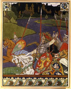 Volga Svyatoslavich en zijn leger. Illustratie voor de mythische heldendichten geïnspireerd door de folklore van Noord-Rusland. Werk van Ivan Yakovlevich Bilibin (1876-1942), lithografie