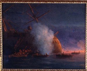 Russisch-Turkse oorlog van 1877-1878: de aanval van Russische zeilschepen op het Turkse stoomslagschip Assari Shevket in de Zwarte Zee op 12 augustus 1877