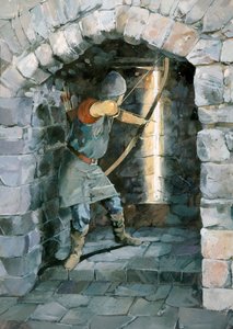 Middeleeuwse boogschutter schietend door een schietsleuf bij Beeston Castle, Cheshire