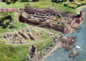 Gereconstrueerd aanzicht van de Tower of London vanuit het zuidwesten zoals het eruit zou kunnen hebben gezien in de jaren 1070 of 1080, toen de Witte Toren nog in de beginfase van de bouw verkeerde. door Ivan Lapper