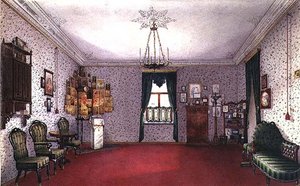 Een Russische woonkamer met een iconenhoek