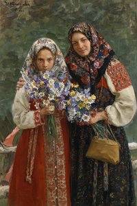 Weidebloemen. Een moeder en haar dochter in elegante folkloristische jurken met een kleurrijke sjaal die hun haar bedekt, houden een boeket weidebloemen vast