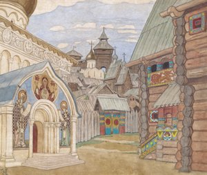 Russisch dorp. Decorontwerp voor de opera Het verhaal van Tsaar Saltan door N. Rimsky-Korsakov