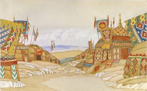 Het Polovtsische kamp. Decorontwerp voor de opera Prins Igor door A. Borodin door Ivan Yakovlevich Bilibin