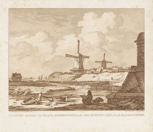 Gezicht buiten de Haarlemmerpoort te Amsterdam met een zittende tekenaar door Izaak Jansz. de Wit