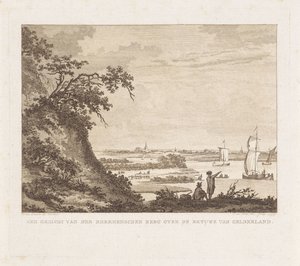 Weids landschap met twee figuren en zeilschepen
