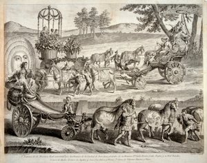De wagen van Apollo - Uit het album "Masque royal" (Mascara real) - Gravure op koper door A J De Fehrt (Defehrt) (1723-1774) door J.A. Defehrt
