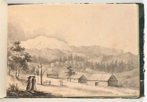 Berglandschap met mensen en huizen door Johan Christian Dahl
