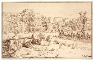 Landschap met resten van een hunebed door Johan Christian Dahl