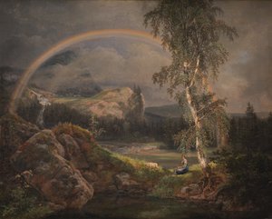 Noors landschap met een regenboog