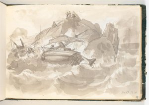 Scheepswrak bij een Rotsachtige Kust. Enkele Mannen staan op een Rots en Kijken Toe door Johan Christian Dahl