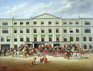 Paarden wisselen buiten de Plough Inn, Cheltenham