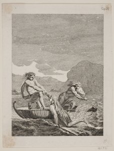 De schipbreukeling Niels Klim wordt gered door twee Qvamiter in een wilgenboot door J.F. Clemens
