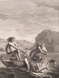 De schipbreukeling Niels Klim wordt gered door twee Qvamiter in een wilgenboot door J.F. Clemens