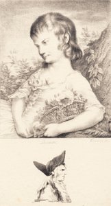 Een klein meisje met een bloemenmand en mannenportret door J.F. Clemens