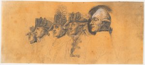 Voorstudie voor vijf van de hoofden voor de gravure: Frederik de Grote rijdt naar huis na een revue in Potsdam door J.F. Clemens