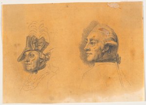 Voorbereiding voor twee van de hoofden voor de gravure: Frederik de Grote rijdt naar huis na een revue in Potsdam door J.F. Clemens