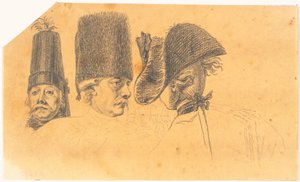 Voorbereiding voor drie van de hoofden voor de gravure: Frederik de Grote rijdt naar huis na een revue in Potsdam door J.F. Clemens