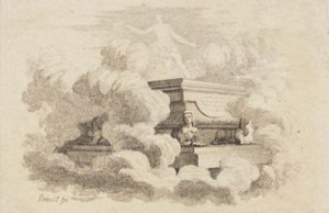 In de wolken rust een sarcofaag op vier sfinxen door J.F. Clemens