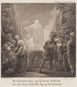 Melampe. Als jullie blijven volharden en de harten verharden, zal deze geest jullie dag en nacht verschrikken? Gravure naar Llorentzens Holberg Galerij.