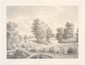 Sanderumgaards tuin met beboste eiland. Op de voorgrond man met hark door J.F. Clemens