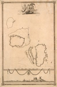 Titelvignet en uitzicht op kaart van Christiansø door J.F. Clemens