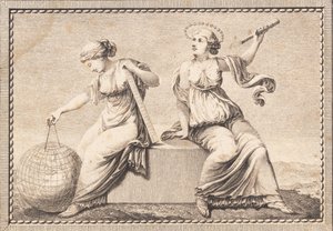 Urania en Gaea zitten op een vierkante steenblok