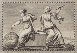 Urania en Gaea zitten op een vierkante steenblok