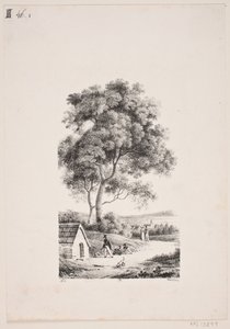 Wandelaars op een weg, links hoge bomen door J.F. Møller