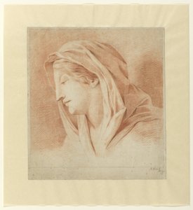 Kop van een vrouw met hoofddoek, van opzij